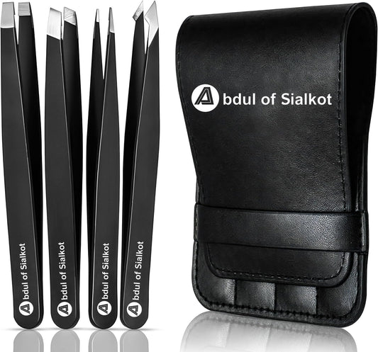 Abdul of Sialkot Eyebrow Tweezer Set for Women & Men - Professional Slant and Pointed Tweezers Set with Case - Precision Tweezers Kit for Facial Hair