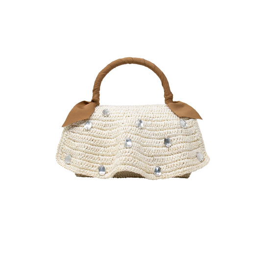 Sensi Studio, Crystals Embroidered Mini Cartera, Unique, Natural Straw/Sable Ribbon