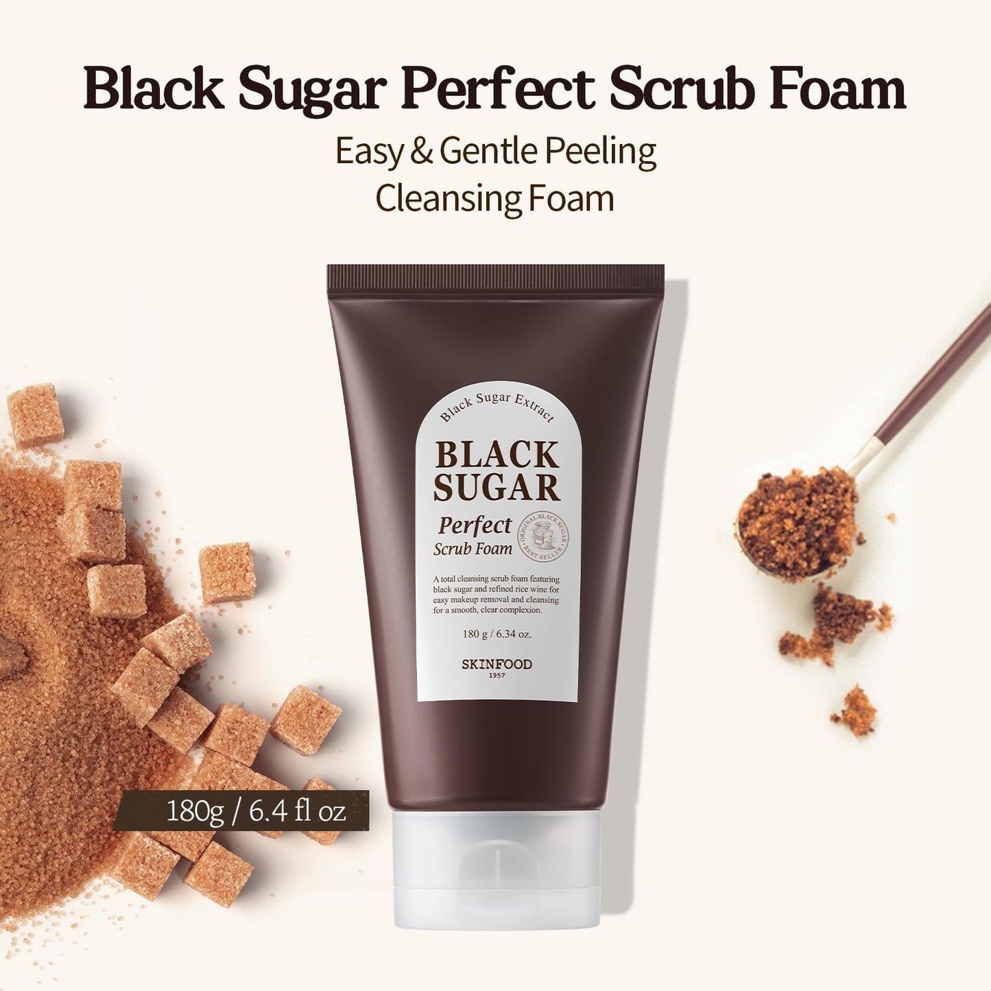 SKINFOOD Black Sugar Perfect Scrub Foam 180g - Detoxifying Pore Scrubs & Exfoliator Soft & Rich Bubble Facial Foam Cleanser, Removes Dead Skin Cells