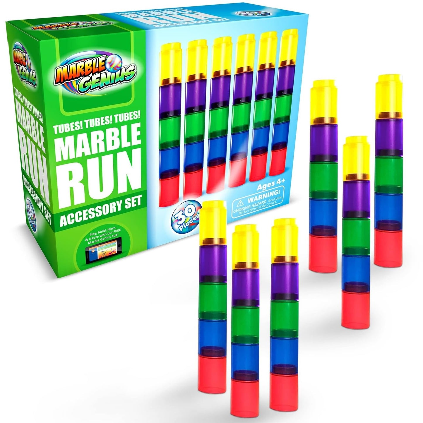 Marble Genius Tubes 30pcs – Marble Run Accessory Set, STEM Building & Educational Construction Add-On Kit for Kids Ages 4+