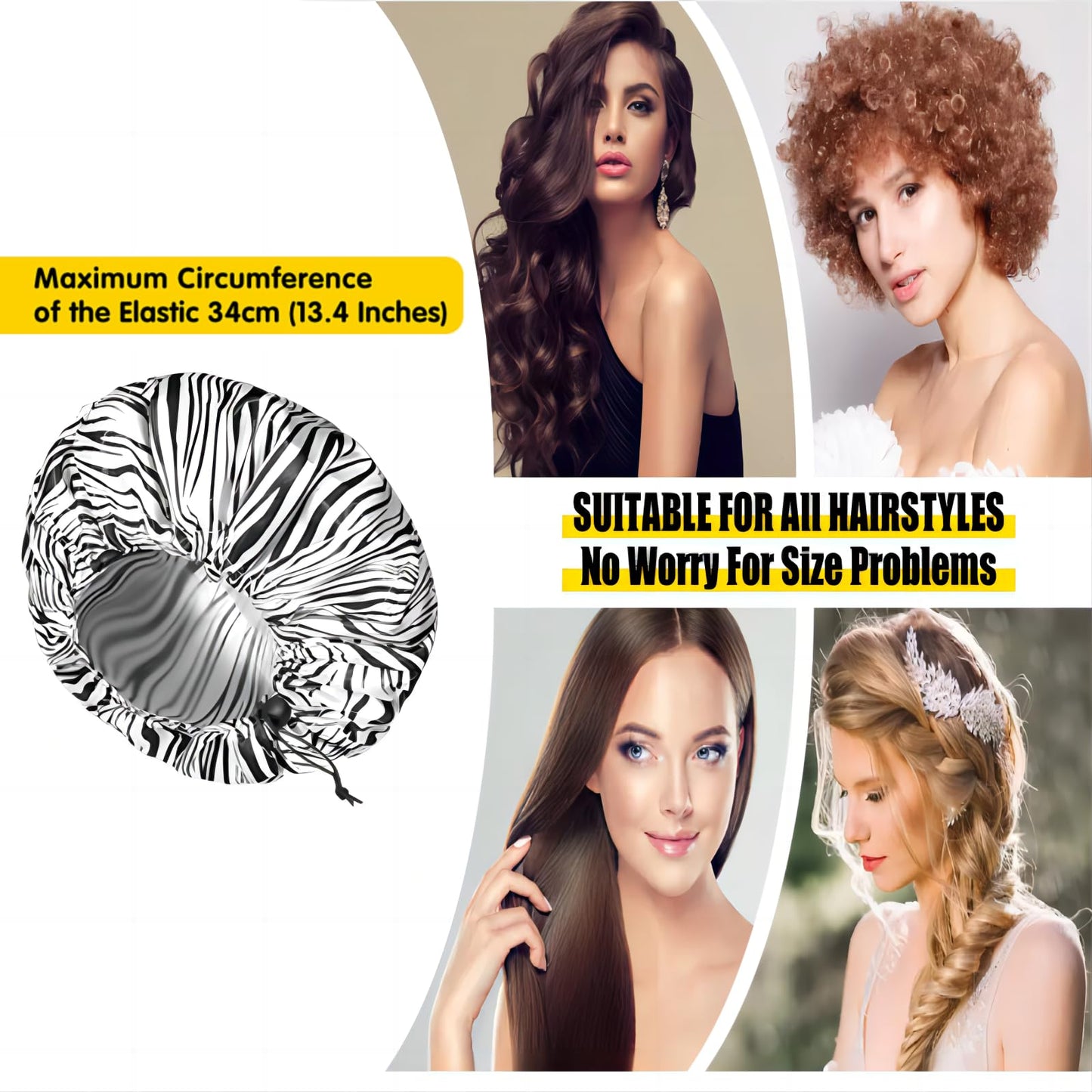 Fishent Shower Cap, Large Shower Caps for Women Reusable Double Layer Waterproof, Adjustable Extra Large Shower Cap for Long Hair and Braids?Zebra