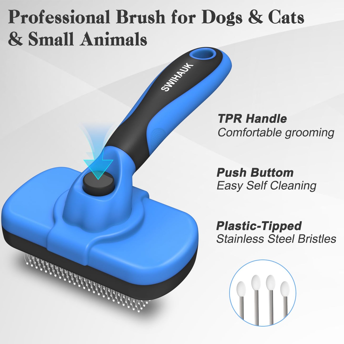 Swihauk Self-Cleaning Slicker Brush – Deshedding Grooming Tool for Dogs & Cats, Skin-Friendly, Blue, Pet Supplies Included