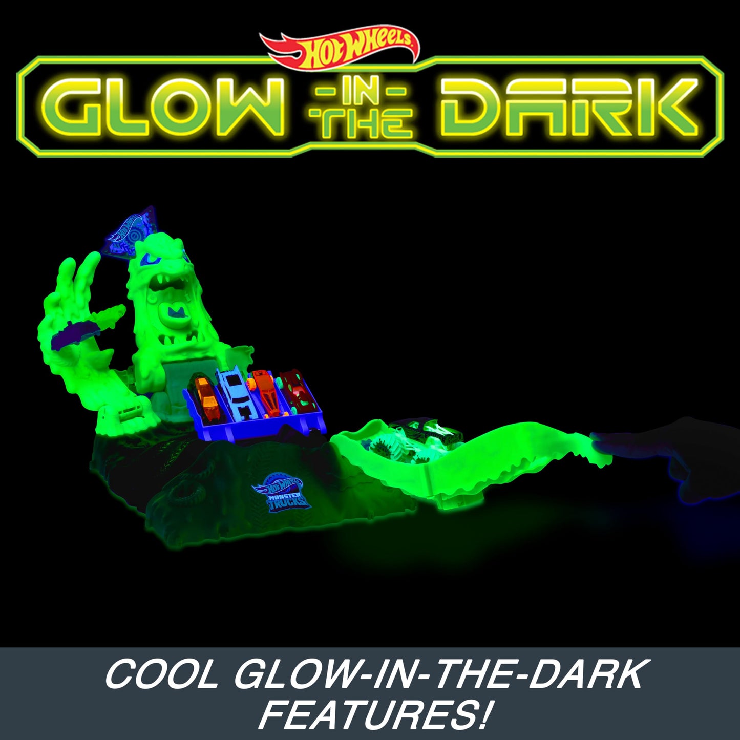 Hot Wheels Monster Trucks Arena Smashers Glow-in-The-Dark Gunkster Playset with 1 Glow-in-The-Dark 1:64 Scale Gunkster Toy Truck & 2 Crushable Cars