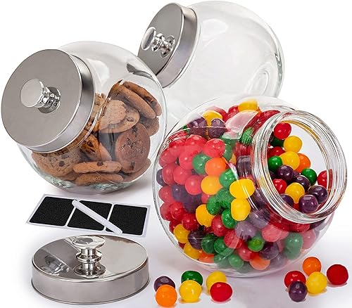 Glass Cookie Jars for Kitchen Counter (3 Pack) 75oz Food Storage Canisters with Airtight Lids + Marker & Labels, Coin & Penny Jar for Candy Buffet…