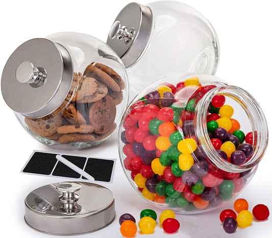 Glass Cookie Jars for Kitchen Counter (3 Pack) 75oz Food Storage Canisters with Airtight Lids + Marker & Labels, Coin & Penny Jar for Candy Buffet…