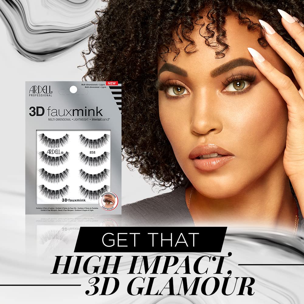 Ardell 3D Faux Mink Lashes 858 - Lightweight False Eyelashes with Invisiband, Reusable Strip Lashes, 4 Pairs