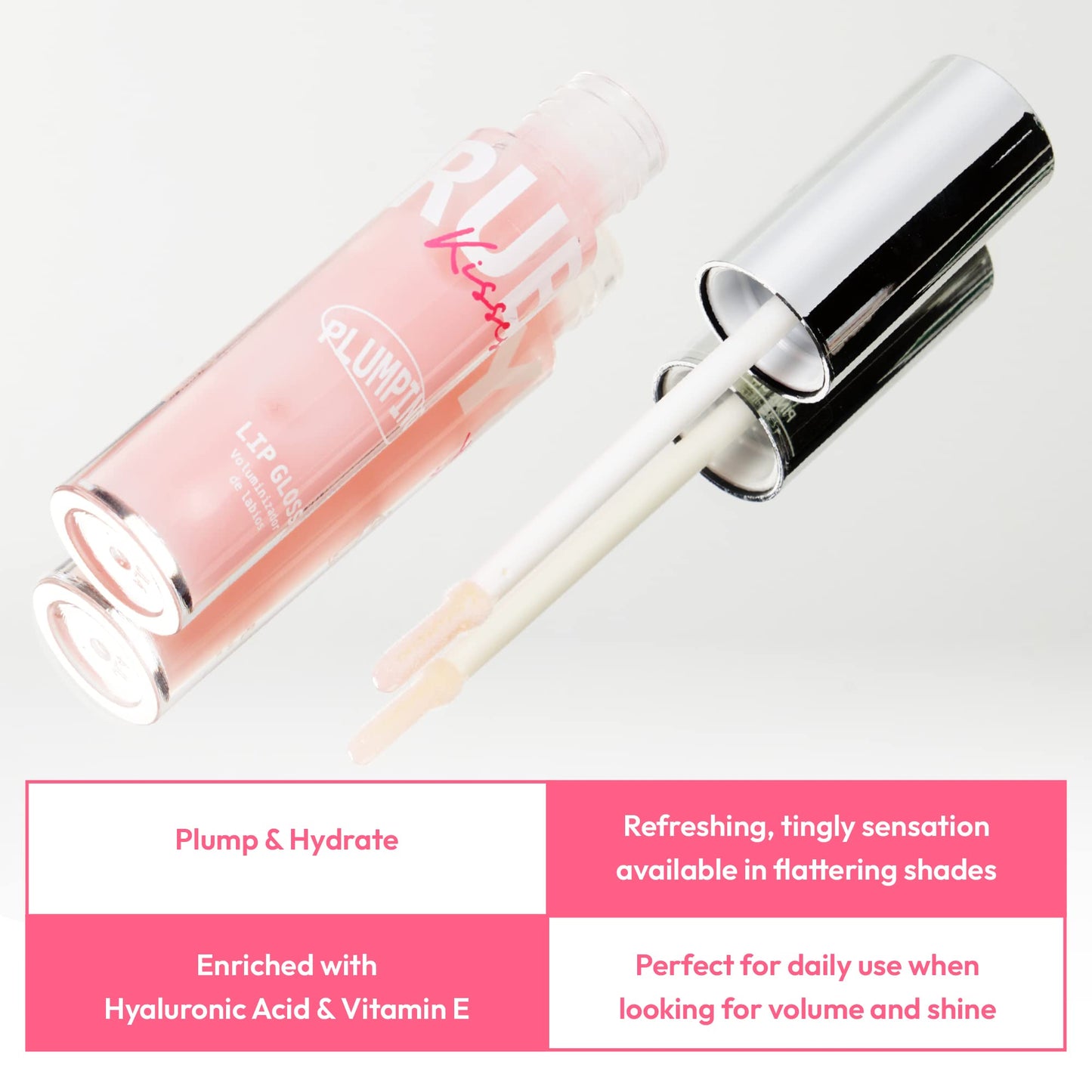 Ruby Kisses Plumping Lip Gloss - Hydrating, Voluminous, High-Shine, Cruelty-Free Lip Plumper, Smoothing, Instinct Lip Maximizer, 4 Colors, 0.15 FL oz.
