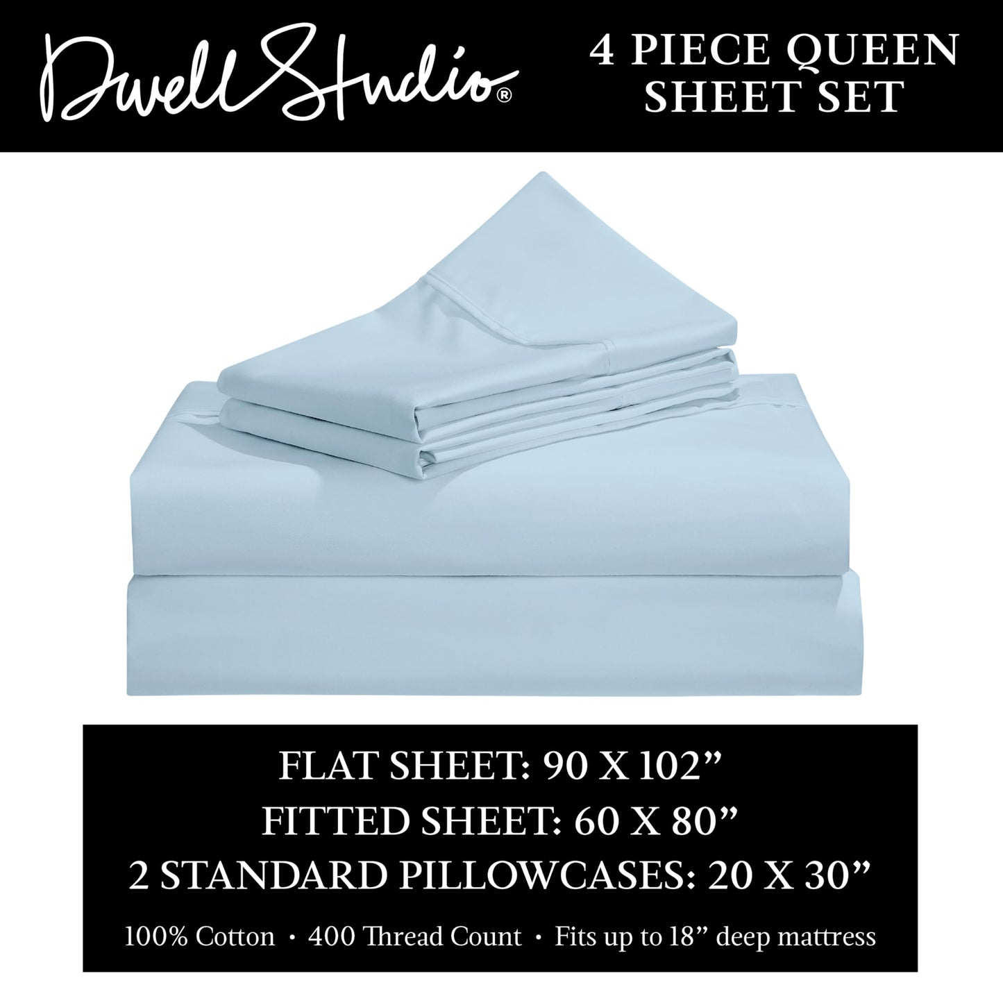 Dwell Studios Luxe Comfort: 400TC Cotton Sateen Weave Queen Sheet 4 Pc Set - Extra Deep Pocket - Fits 18" Mattresses - Blue, Queen