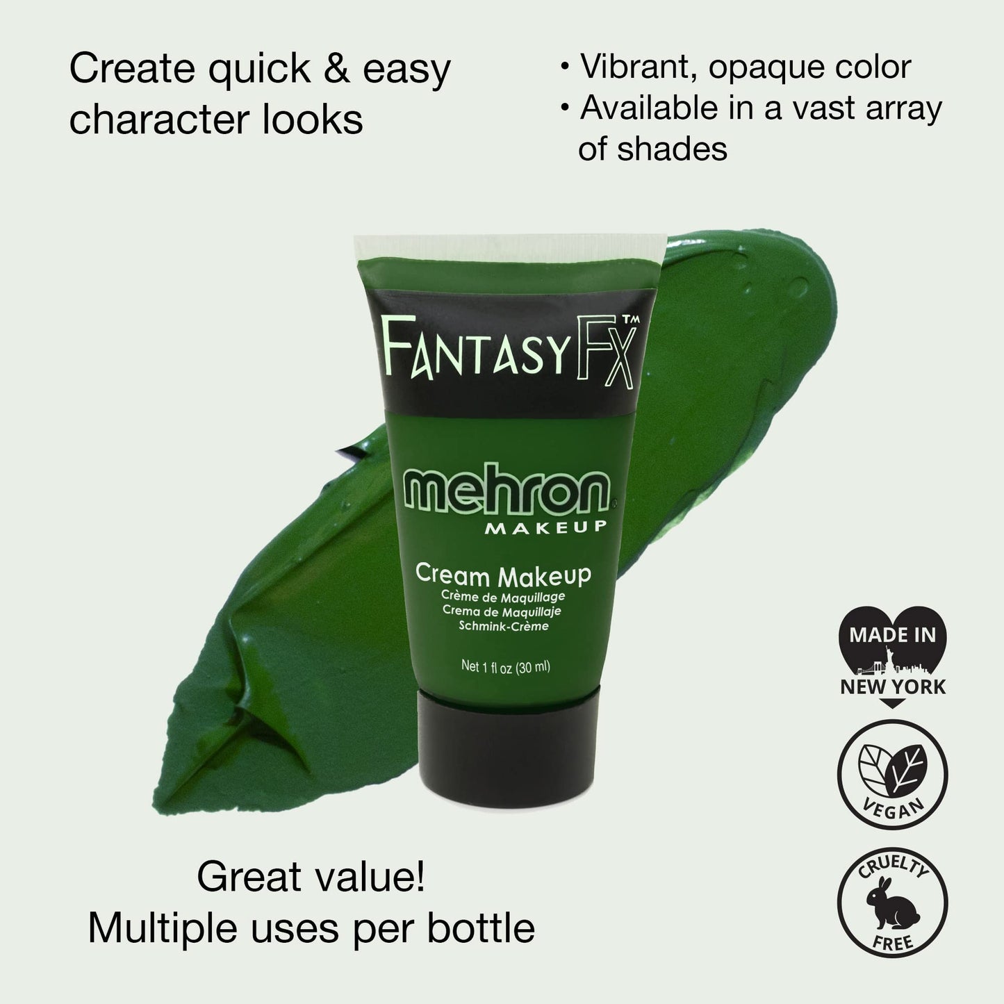 Mehron Makeup Fantasy FX Cream Makeup | Water Based | Halloween | Green Face Paint & Body Paint For Adults 1 fl oz (30ml) (GREEN) | Made in the USA