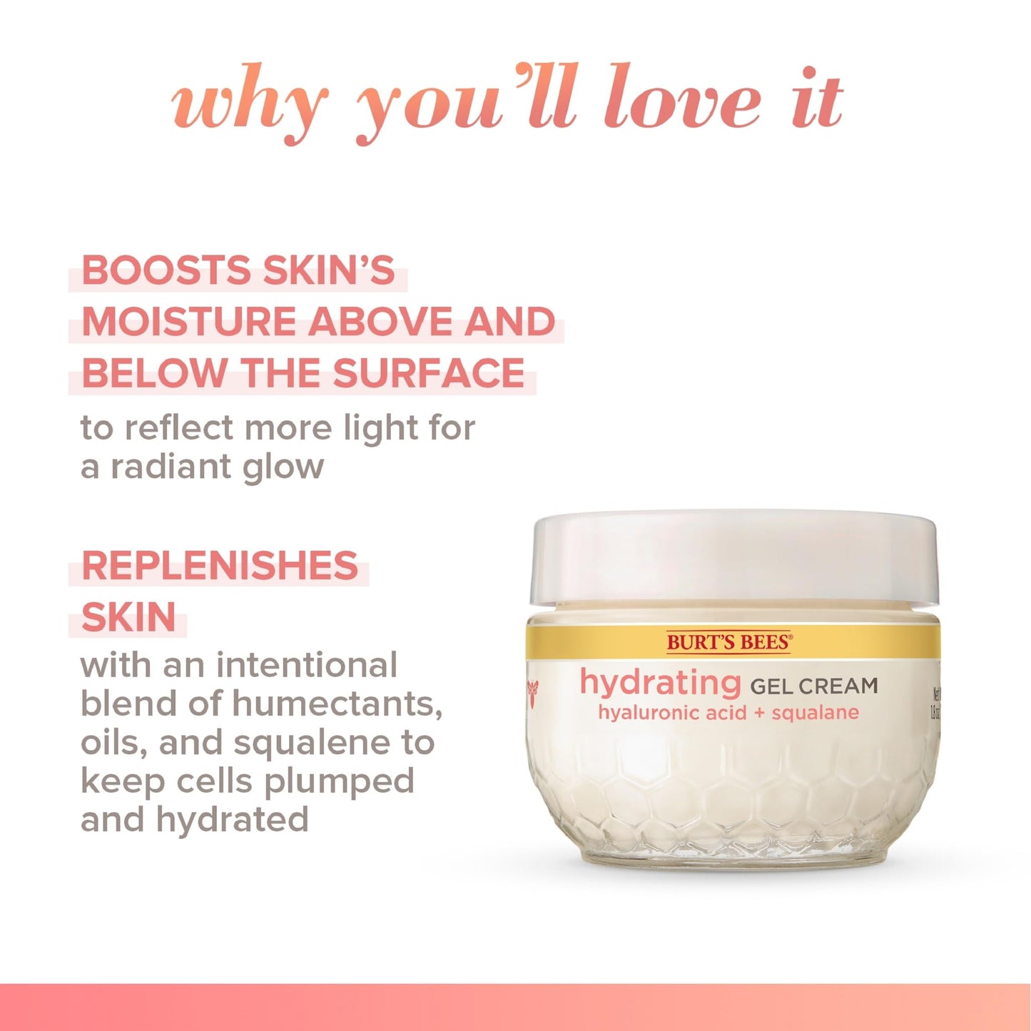 Burt's Bees Truly Glowing Replenishing Gel Cream, Moisturizer with Hydrate and Glow Complex for Normal and Combination Skin, 1.8 Fluid Ounces