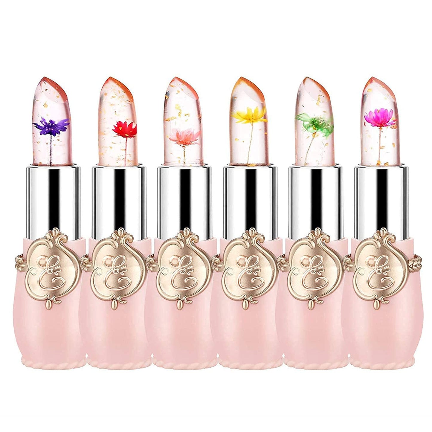 firstfly Pack of 6 Crystal Flower Jelly Lipstick, Long Lasting Nutritious Lip Balm Lips Moisturizer Magic Temperature Color Change Lip Gloss (Pink)