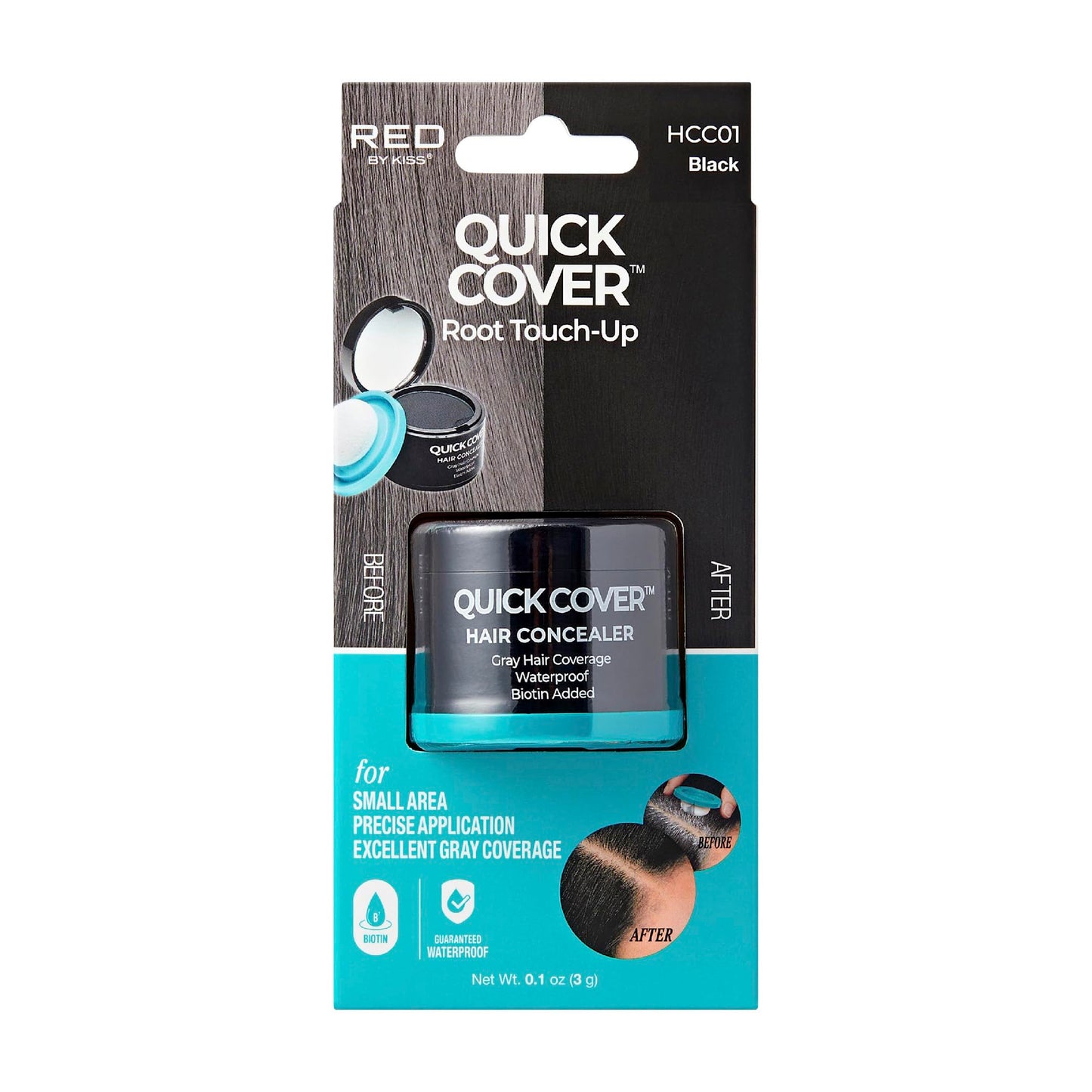 Red by Kiss Quick Cover Hair Concealer, Temporary Root Touch-Up, Precision Gray Coverage, Lightweight & Waterproof, Biotin Infused (Black)