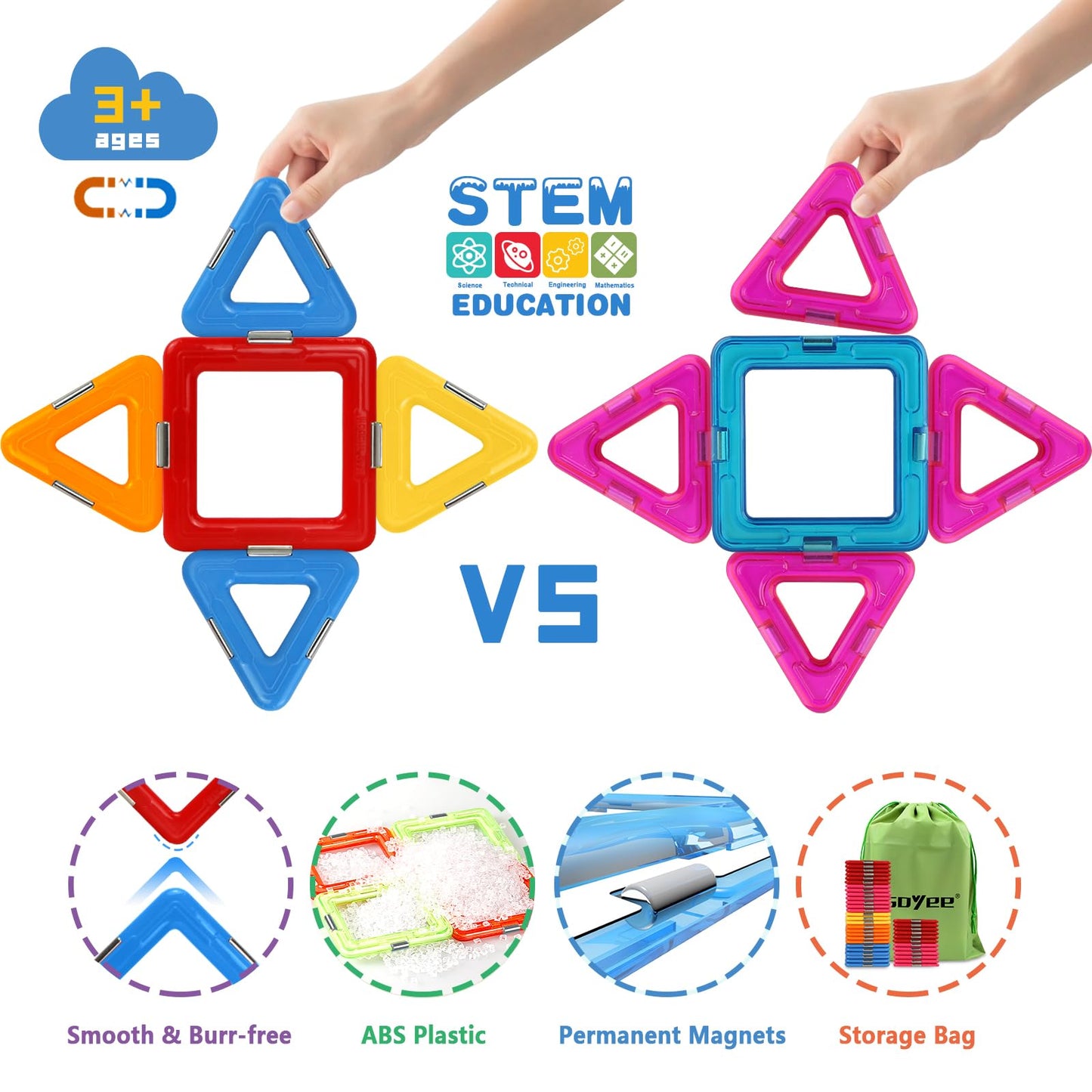 Coodoo Upgraded Magnetic Blocks Starter Set – Tough Tiles STEM Learning Toys for Kids Ages 3+, Compatible with Major Brands