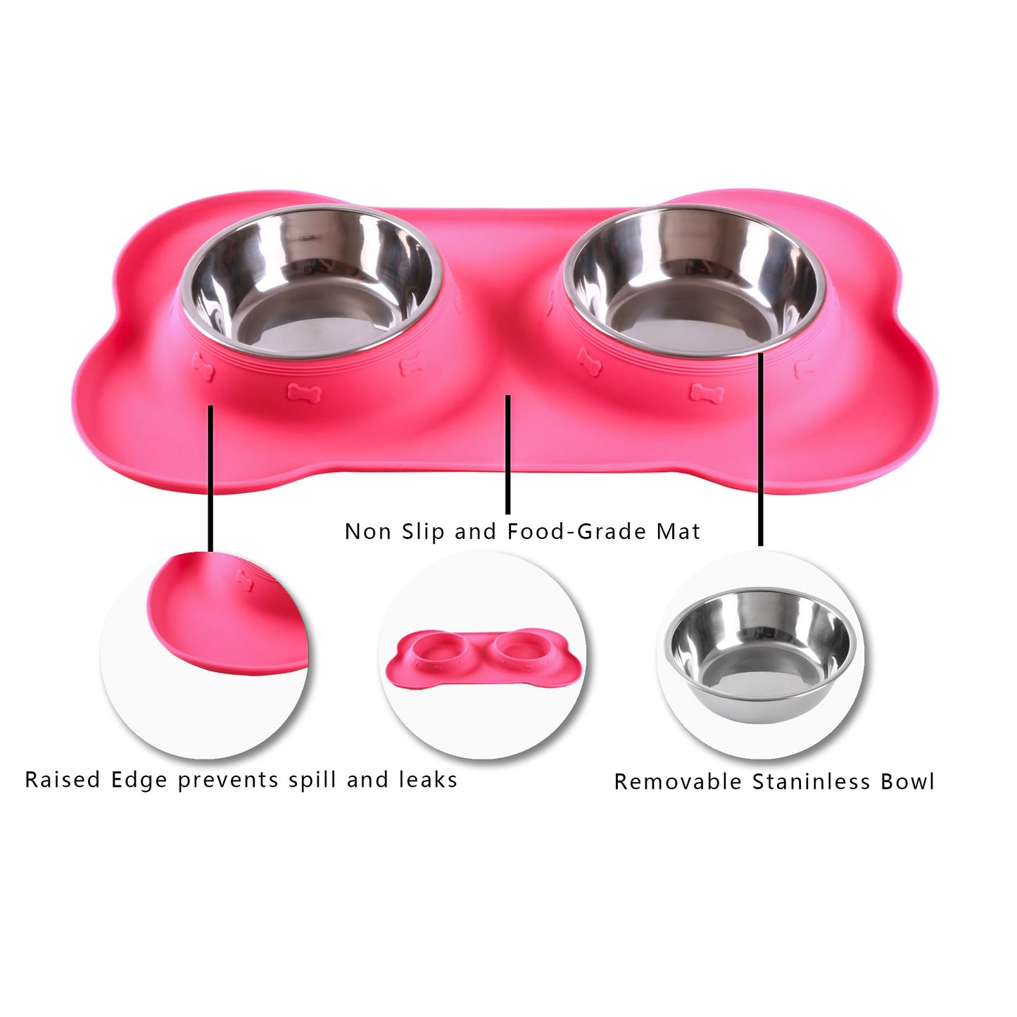 Hubulk Pet Dog Bowls Set – 2 Stainless Steel Bowls with No Spill Non-Skid Silicone Mat & Pet Food Scoop – For Small, Medium, Large Dogs & Cats (Pink)