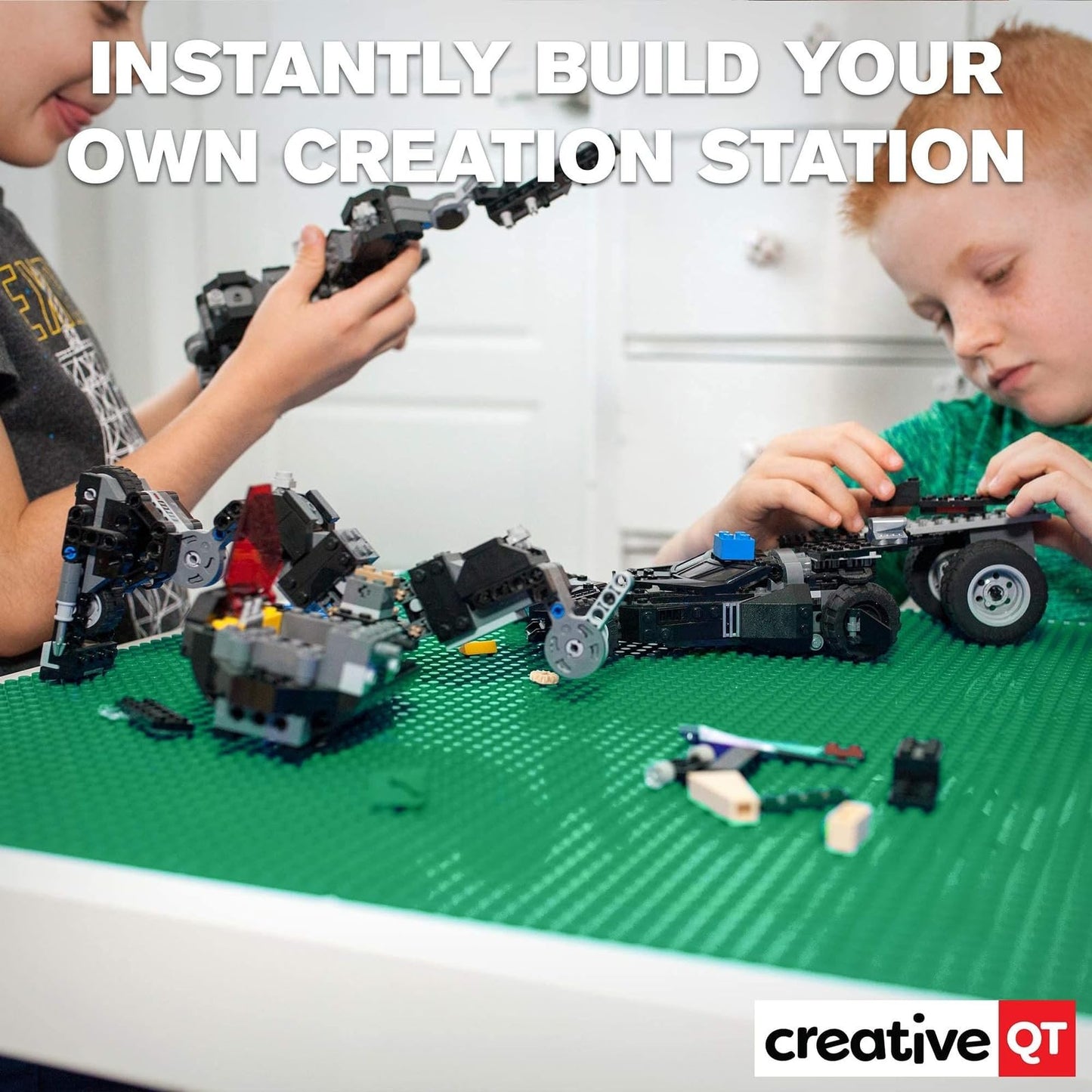 Creative QT MakerBase 4-Pack Green 10"x10" – Peel & Stick Stackable Baseplates for Play Tables, Walls & More, Compatible with Bricks