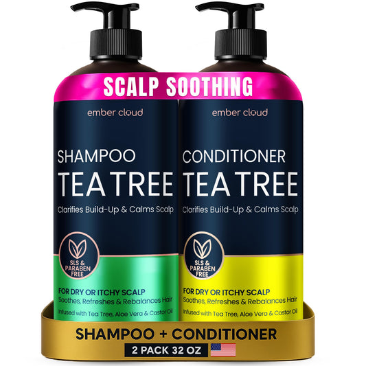 Tea Tree Rosemary Shampoo and Conditioner Set with Castor Oil for All Hair Types - Effective Cleanse and Supports Scalp Health for Women & Men Paraben