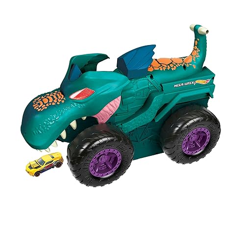 Hot Wheels Monster Trucks Car Chompin' Mega-Wrex, Large Toy Monster Truck & Toy Car, Eats & Poops 1:64 Scale Vehicles, Lights & Sounds