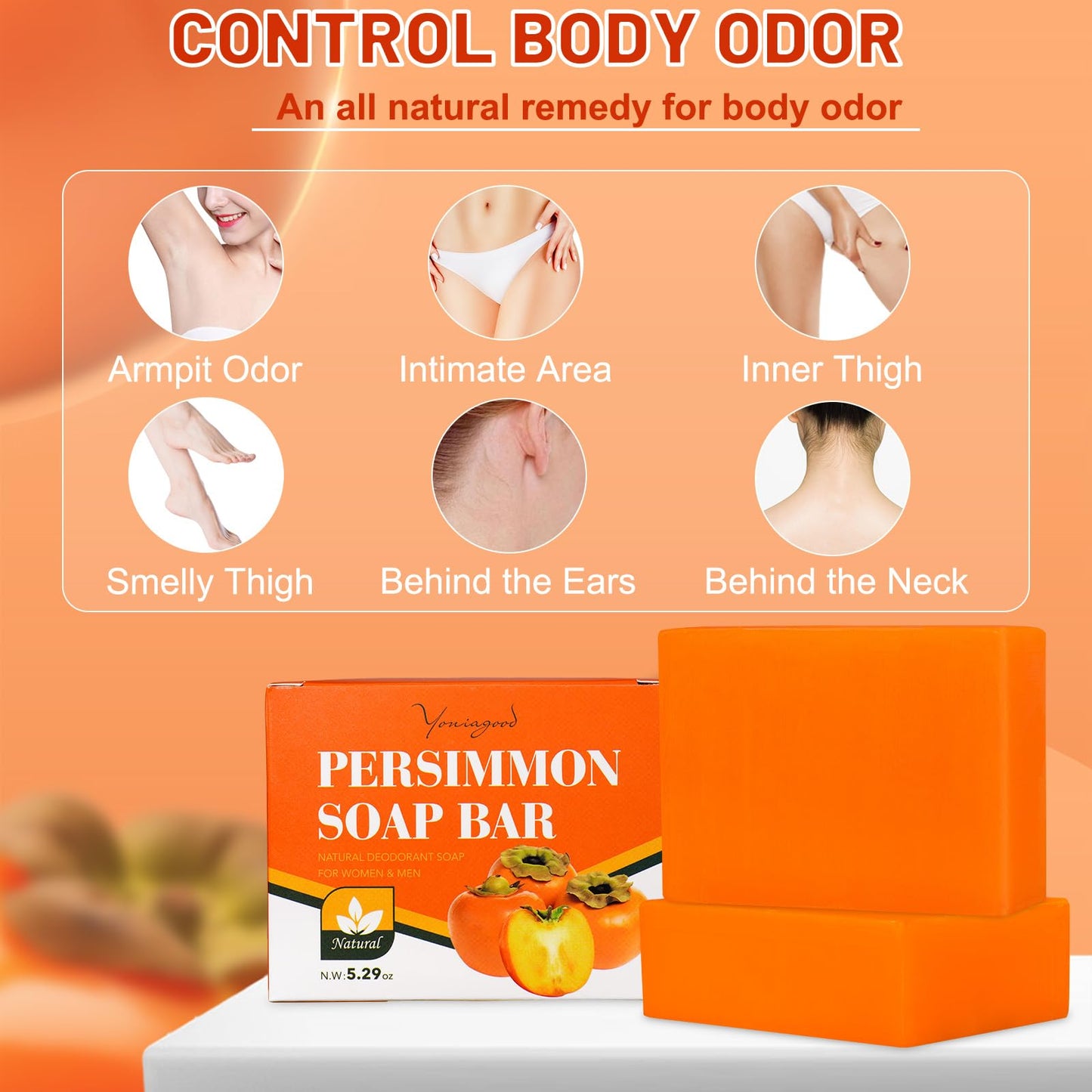 yoniagood 2 PCS Persimmon Soap Bar for Old People Smell, Natural Body Odor Control Bar Soap for Men & Women Deodorizing, Handmade Bath Bar Soap