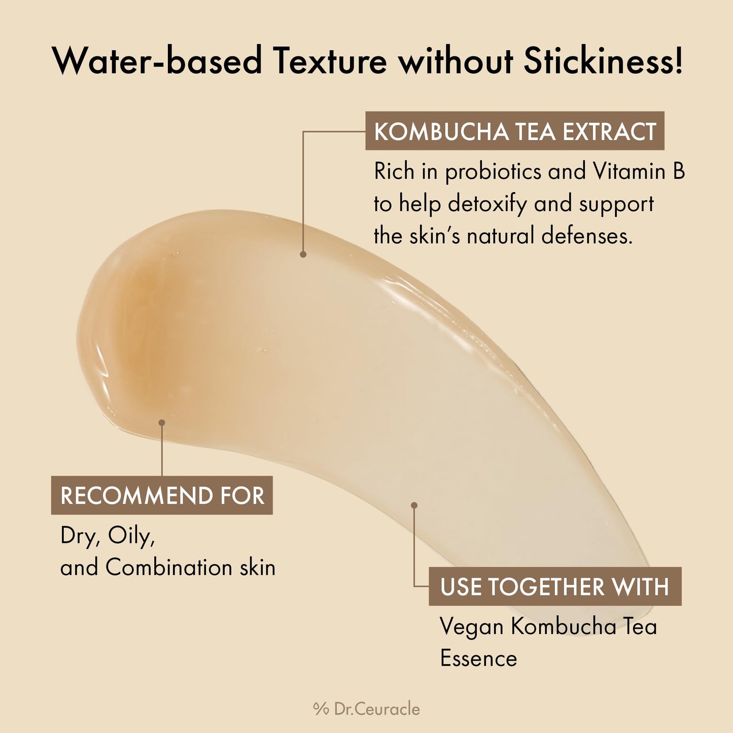 Dr.Ceuracle Vegan Kombucha Tea Gel Cream - Lightweight Watery Hydrating Moisturizer with Kombucha Tea Extract, Sunflower Seed Oil, Korean Skincare (75