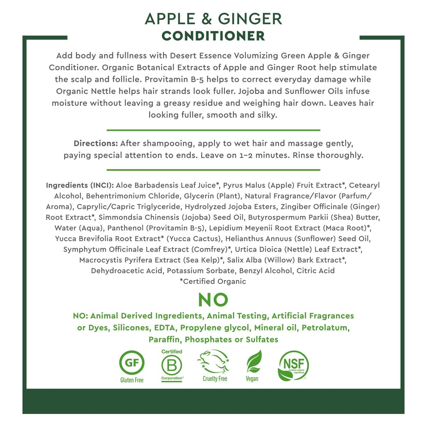 Desert Essence Green Apple & Ginger Shampoo & Conditioner Bundle - 8 Fl Ounce - Volume For Fine Hair - Natural - Deep Moisturizing - Antioxidants