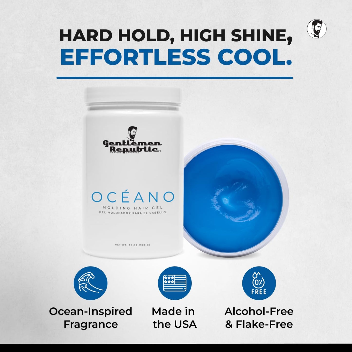 Gentlemen Republic Oceano Men's Hair Gel 64oz with Pump - Strong Touchable Hold and High Shine Styling Gel for Hair, 100% Alcohol-Free Professional