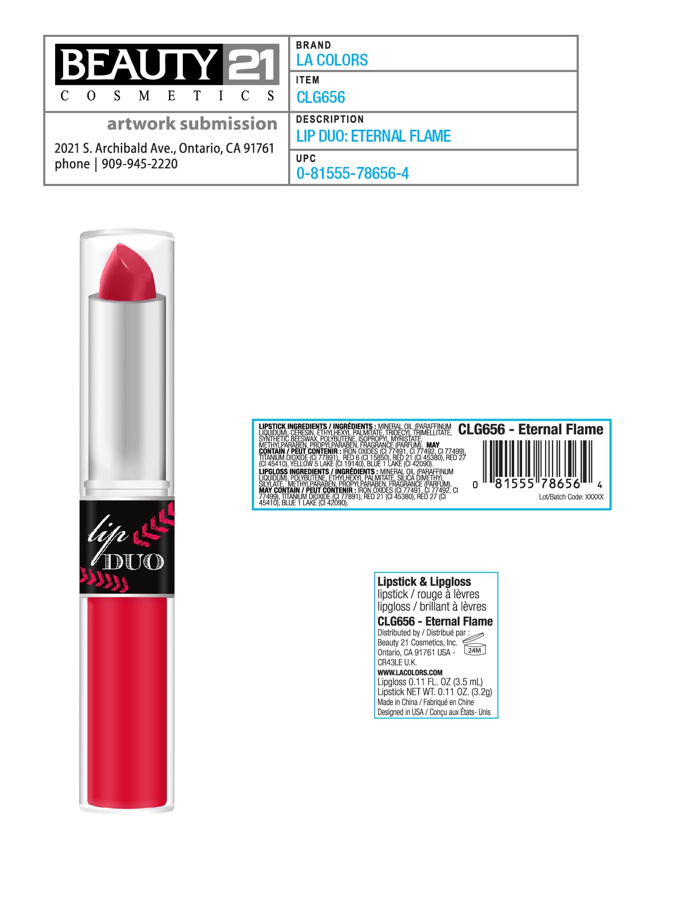 L.A. COLORS Lip Duo, 2-in-1 Lipstick and Lip Gloss, Versatile Makeup Combo, CLG656 *ETERNAL FLAME*