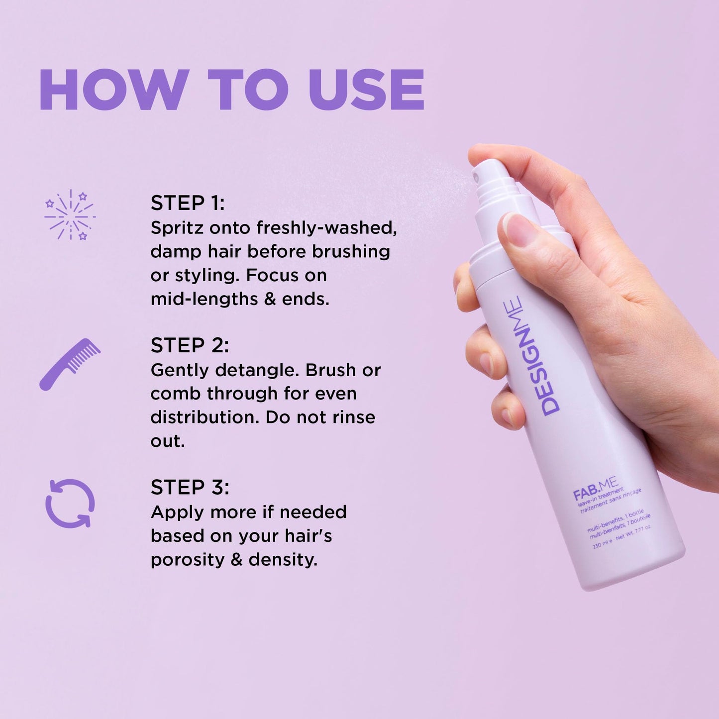 FAB.ME Leave-In Conditioner Spray by Design.Me - Adds Shine, Detangles, Frizz Control - UV & Heat Protection - Color Safe - Reduces Breakage & Blow