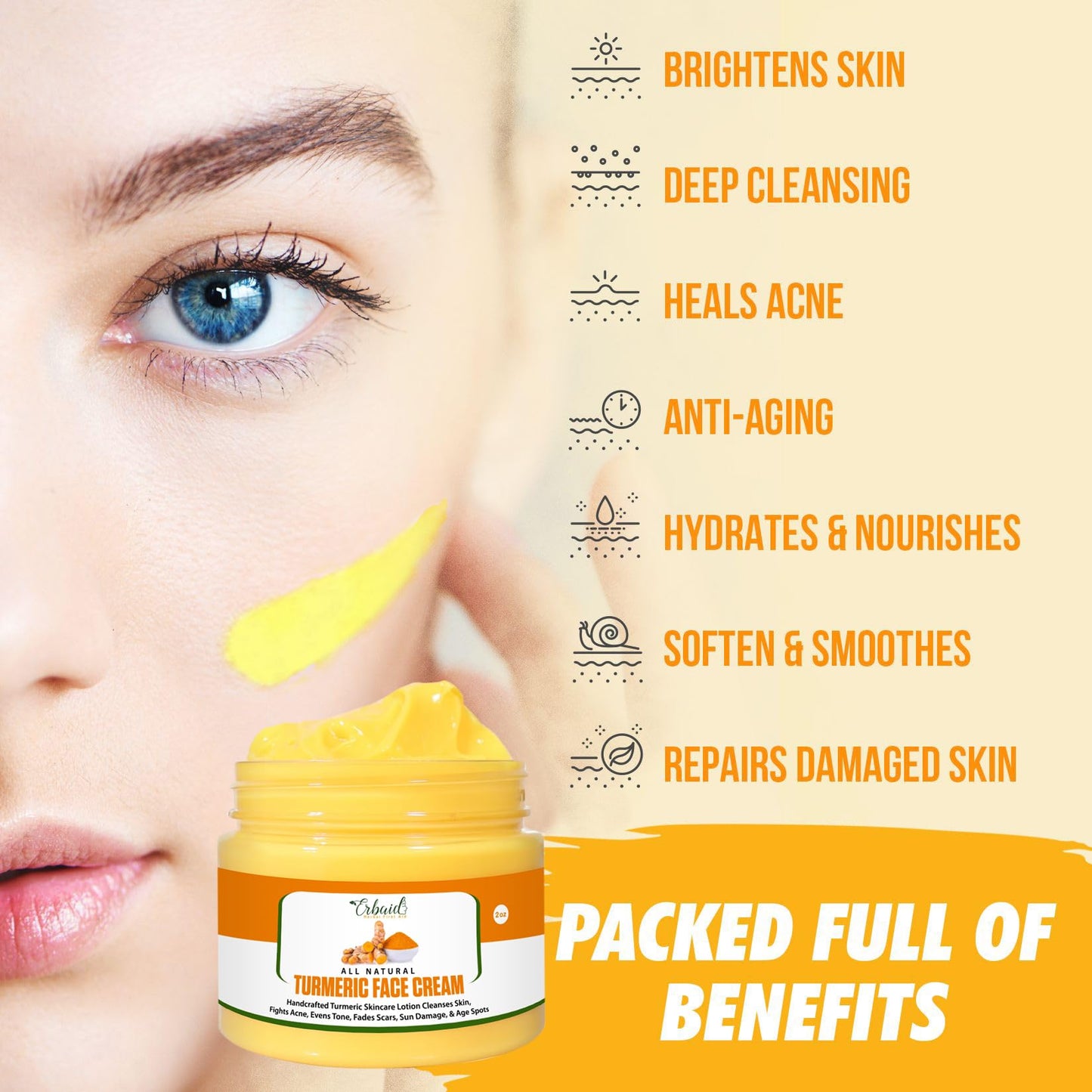 Erbaid Turmeric Face Cream for Face & Body - All Natural Turmeric Skin Brightening Lotion - Turmeric Cleanses Skin, Fights Acne, Evens Tone, Fades