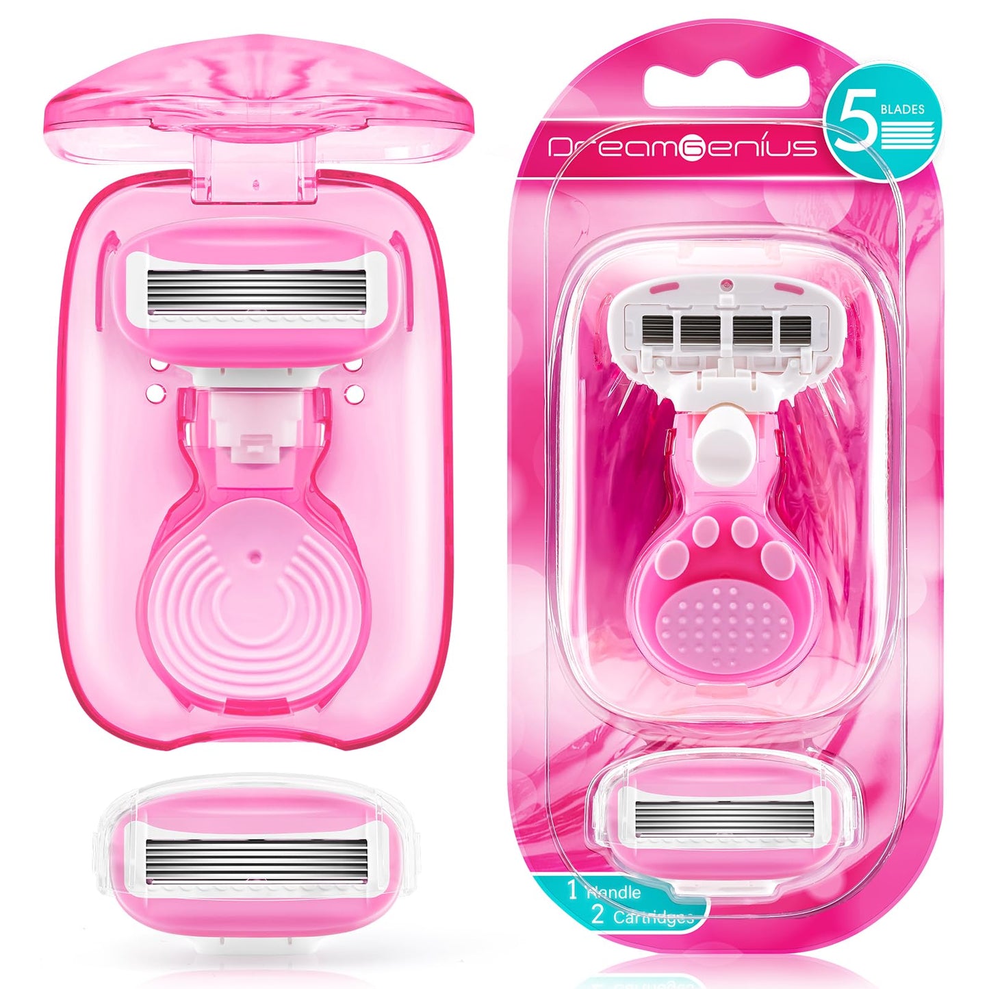 DreamGenius Travel Razors for Women, Travel Size Toiletries Include 1 Handle and 2 Cartridges, Extra Smooth 5-Blade Travel Essentials Razor with Case Beauty and Personal Care DreamGenius Default Title
