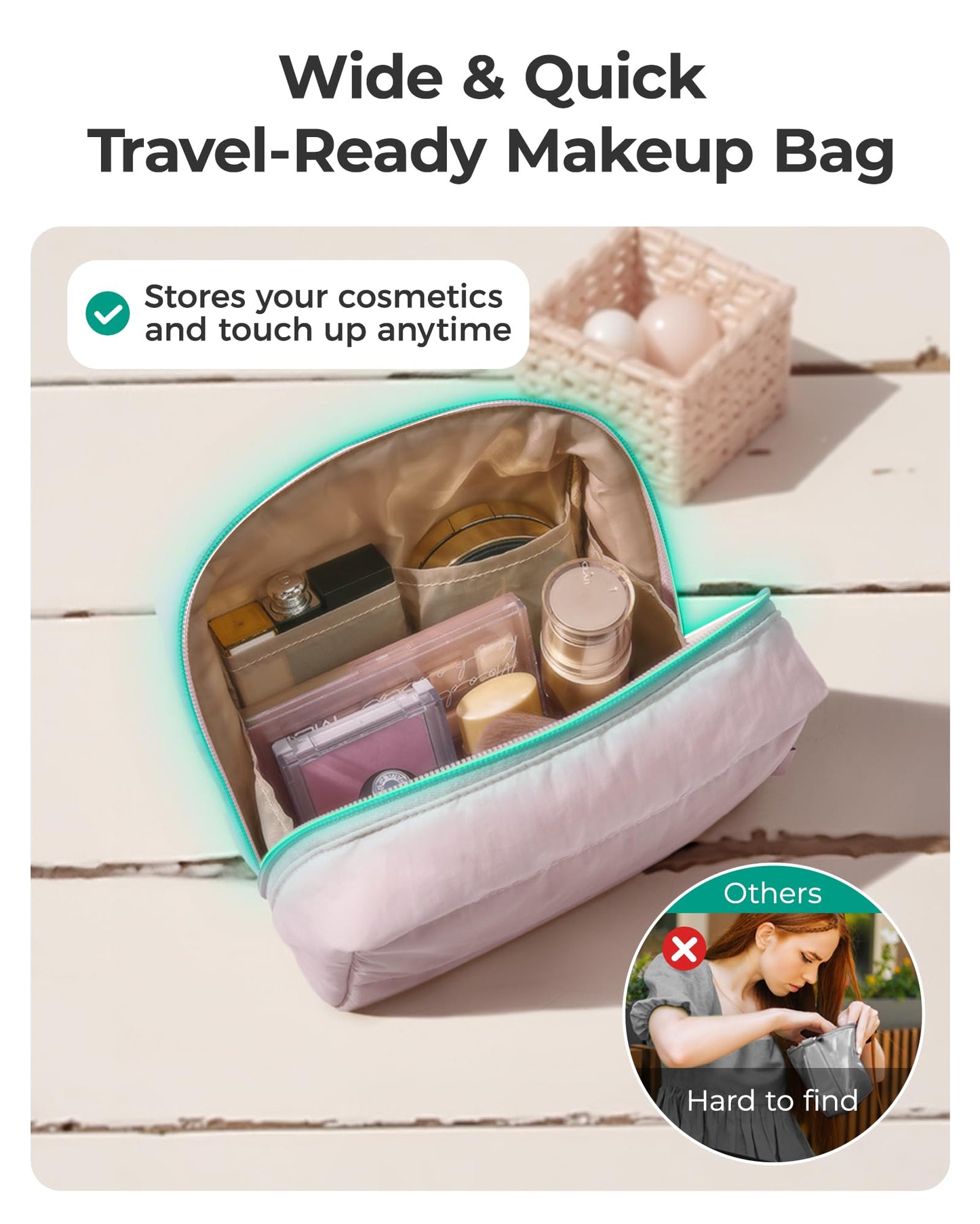 BAGSMART Puffy Makeup Bag, Wide Opening Cosmetic Organizer, Soft Water-Resistant Travel Toiletry Pouch for Women for Purse, Compact & Spacious Beauty and Personal Care BAGSMART
