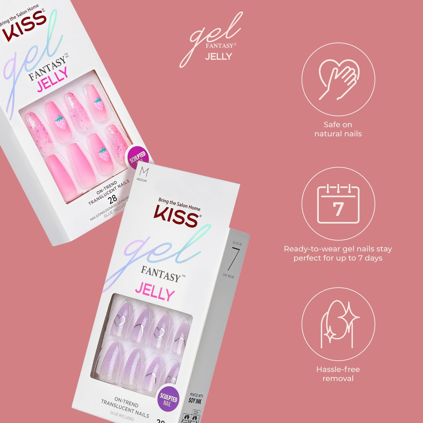 KISS Gel Fantasy, Press-On Nails, Nail glue included, 'Jelly Baby', Light Multicolor, Short Size, Coffin Shape, Includes 28 Nails, 2g Glue, 1 Manicure Beauty & Personal Care KISS