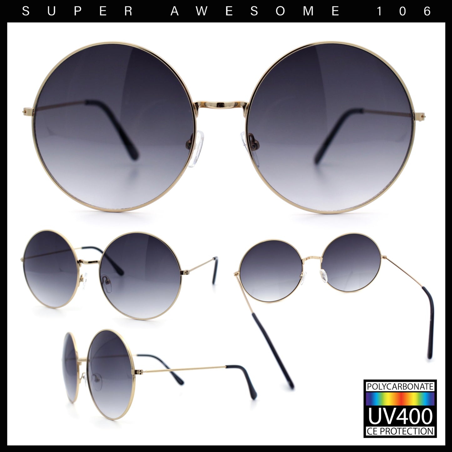 Classic Oversize Joplin Style Hippie Round Circle Lens Sunglasses Gold Smoke