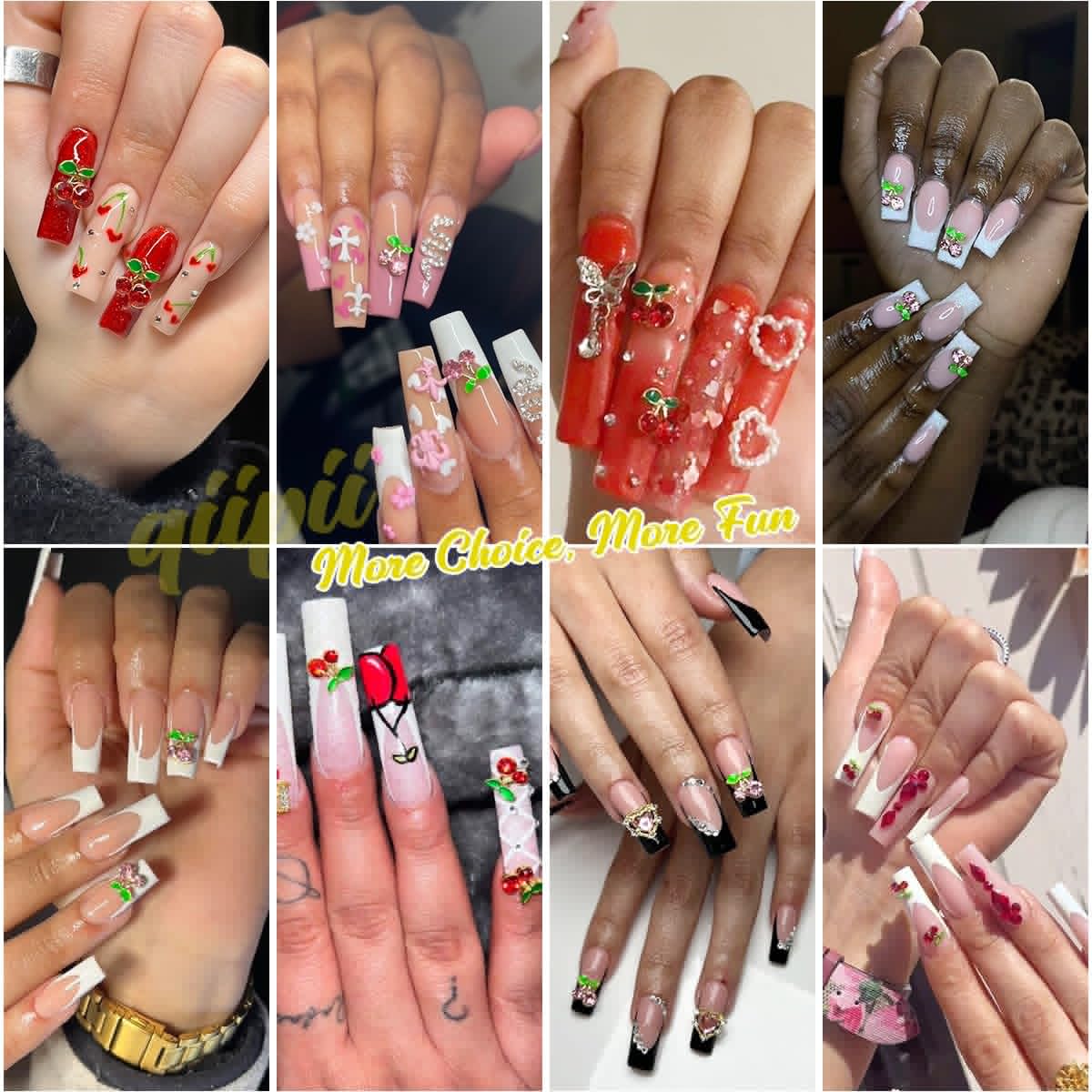 qiipii 60 Pcs 3D Cherry Nail Charms Cherry Nail Rhinestones Nail Art Shiny Gems Nail Studs Cute Fruit Nail Diamond Crystal Luxury Jewelry for Nails