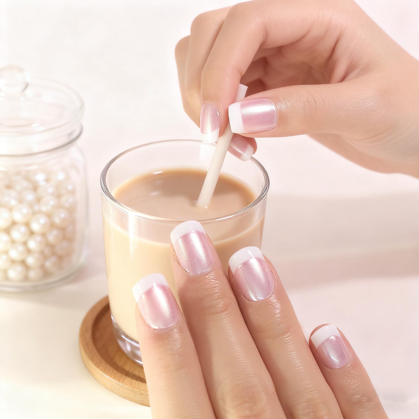 Elevenail Summer Nails Glossy Pearl Pink White French False Nails Short Squoval Press on Nails Fake Salon Manicure Faux Ongles Reusable Nail Art Tips