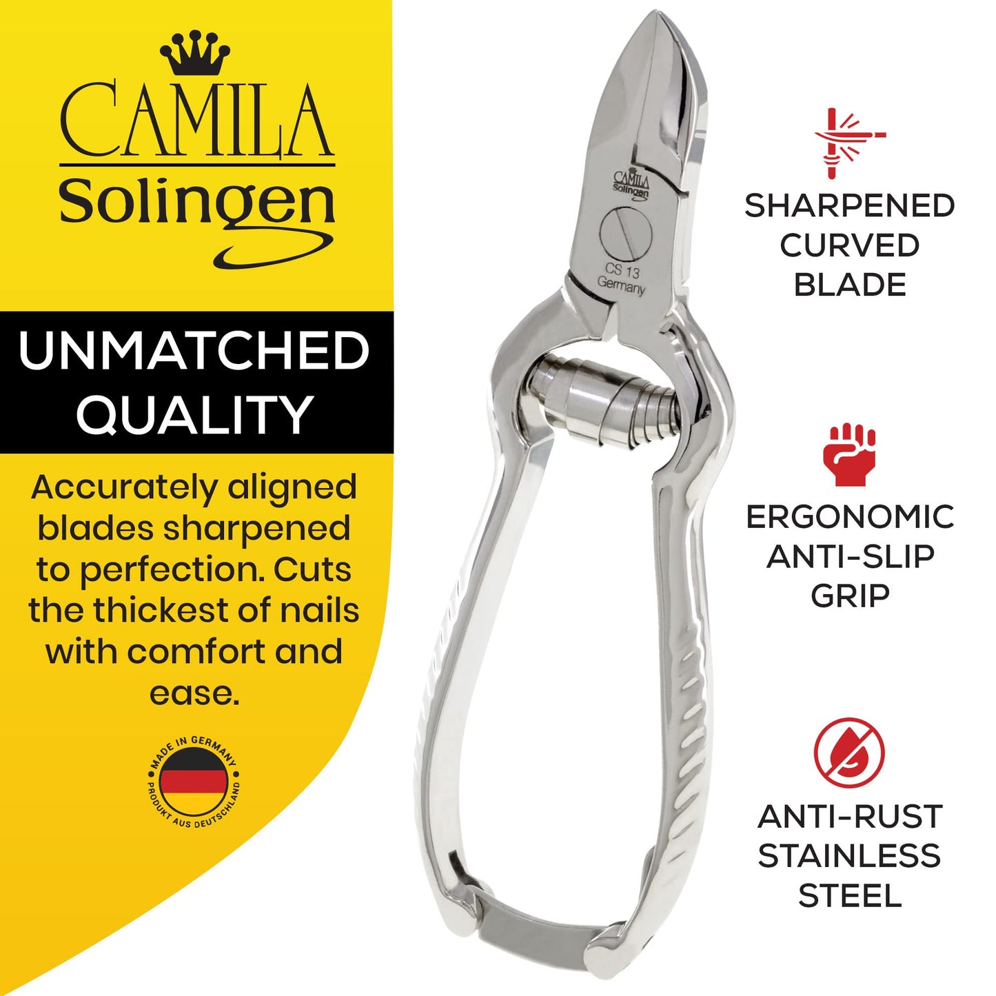 Camila Solingen CS13 Large Heavy Duty Toe Nail Clipper for Thick Toenails, Manicure & Pedicure, Double Barrel Spring. Super Sharp Trimmer Curved