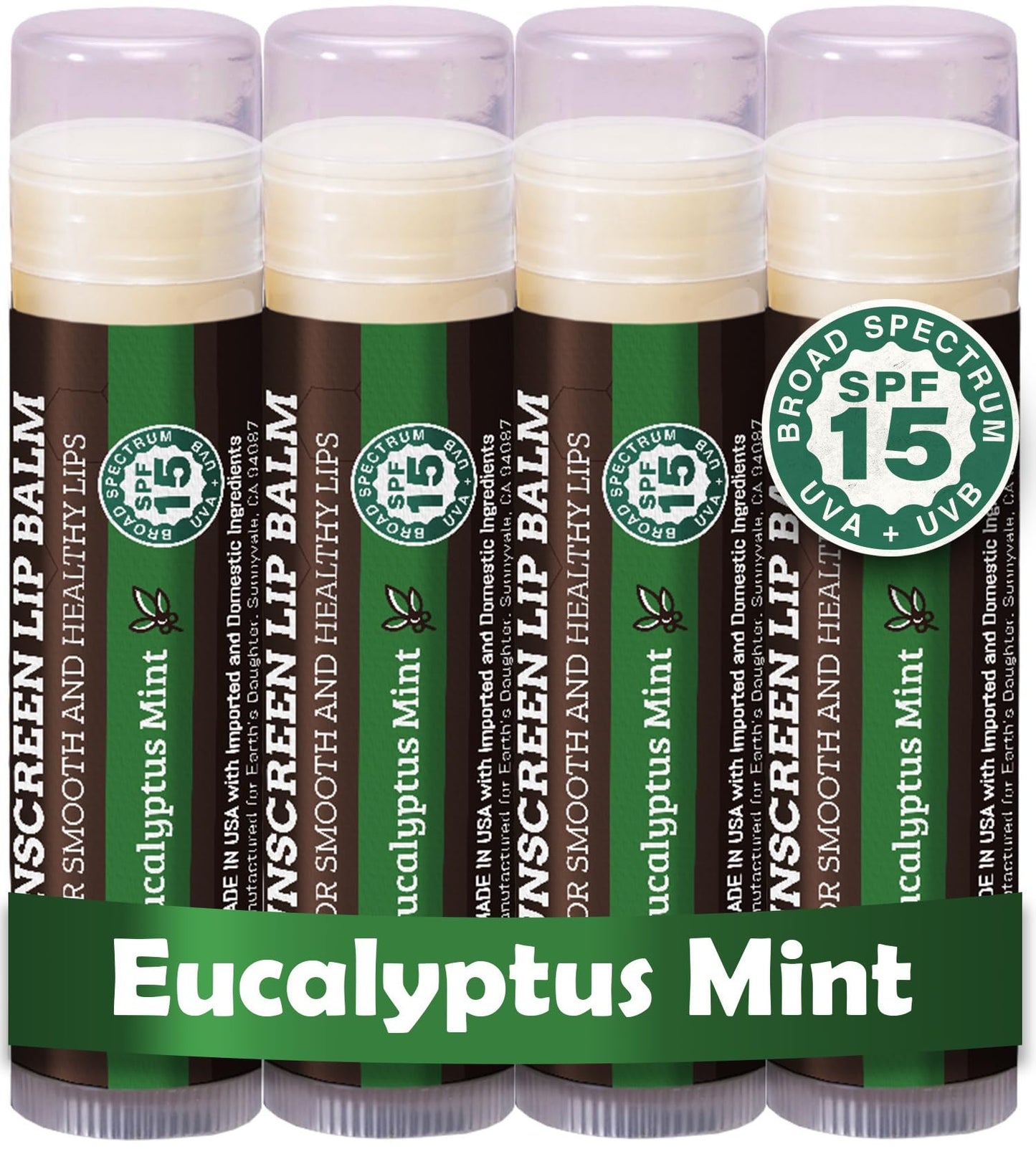 Earth's Daughter SPF Lip Balm Eucalyptus Mint 4-Pack - Lip Sunscreen, SPF 15, Organic Ingredients, Beeswax, Coconut Oil, Vitamin E - Hypoallergenic