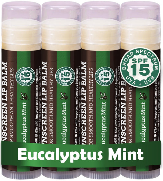 Earth's Daughter SPF Lip Balm Eucalyptus Mint 4-Pack - Lip Sunscreen, SPF 15, Organic Ingredients, Beeswax, Coconut Oil, Vitamin E - Hypoallergenic