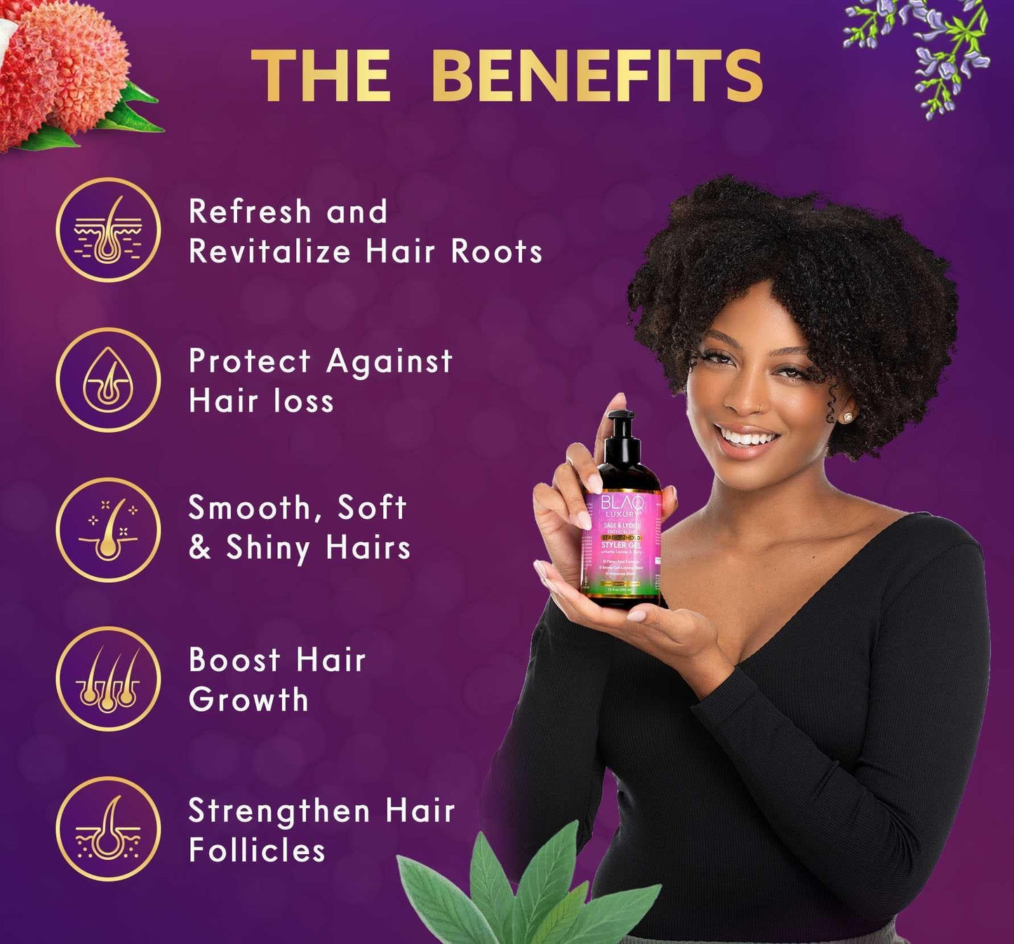 Blaq Luxury Sage & Lychee Strong Hold Styler Gel - Non-Alcoholic and Non-Flaky Formula for All-Day Hold - Biotin Infused - Promotes Hair Repair