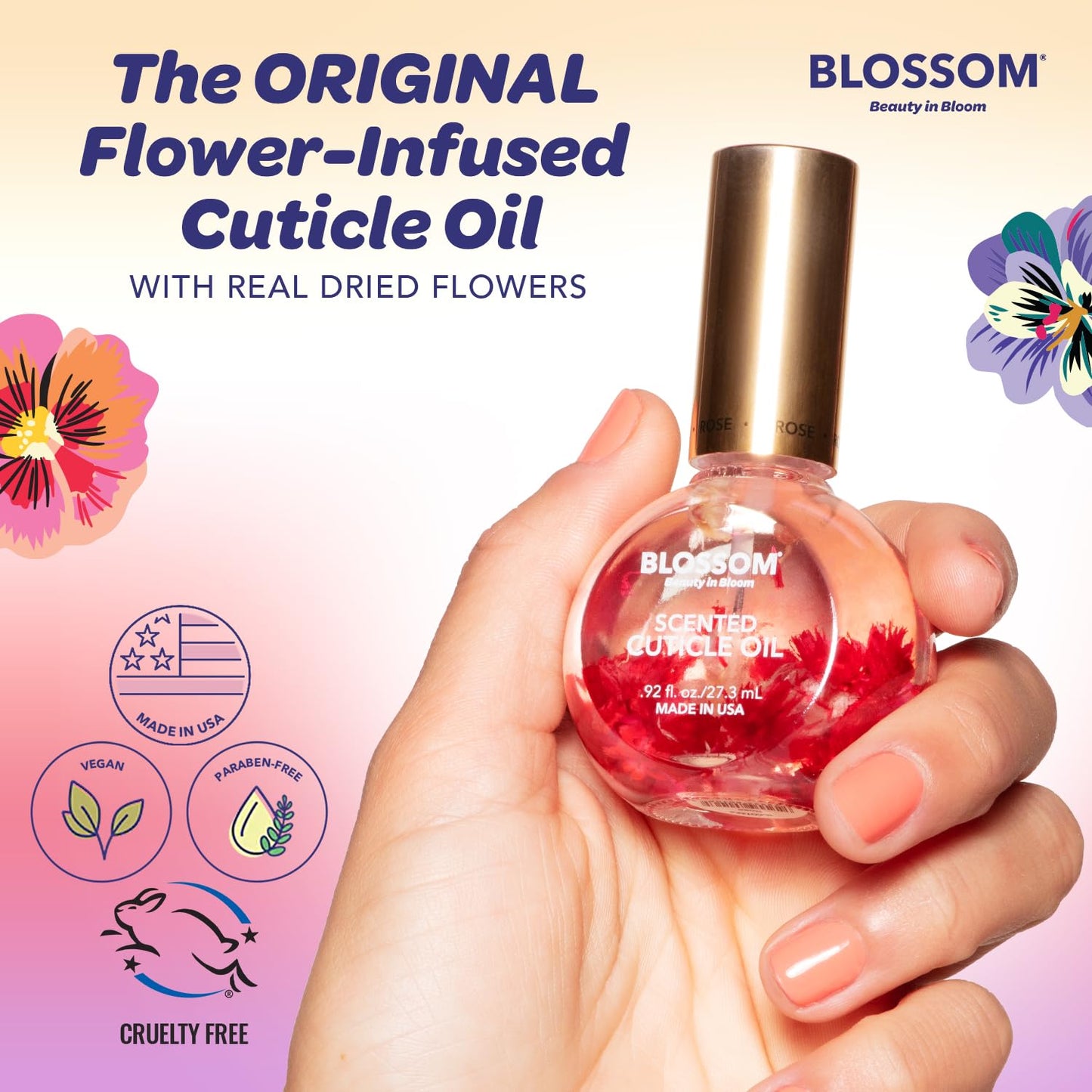 Blossom Cuticle Oil for Nails, Hydrating, Moisturizing, Scented Nail Oil Cuticle Care, Infused with Real Flowers, Made in USA, 0.5 fl. oz, Spring