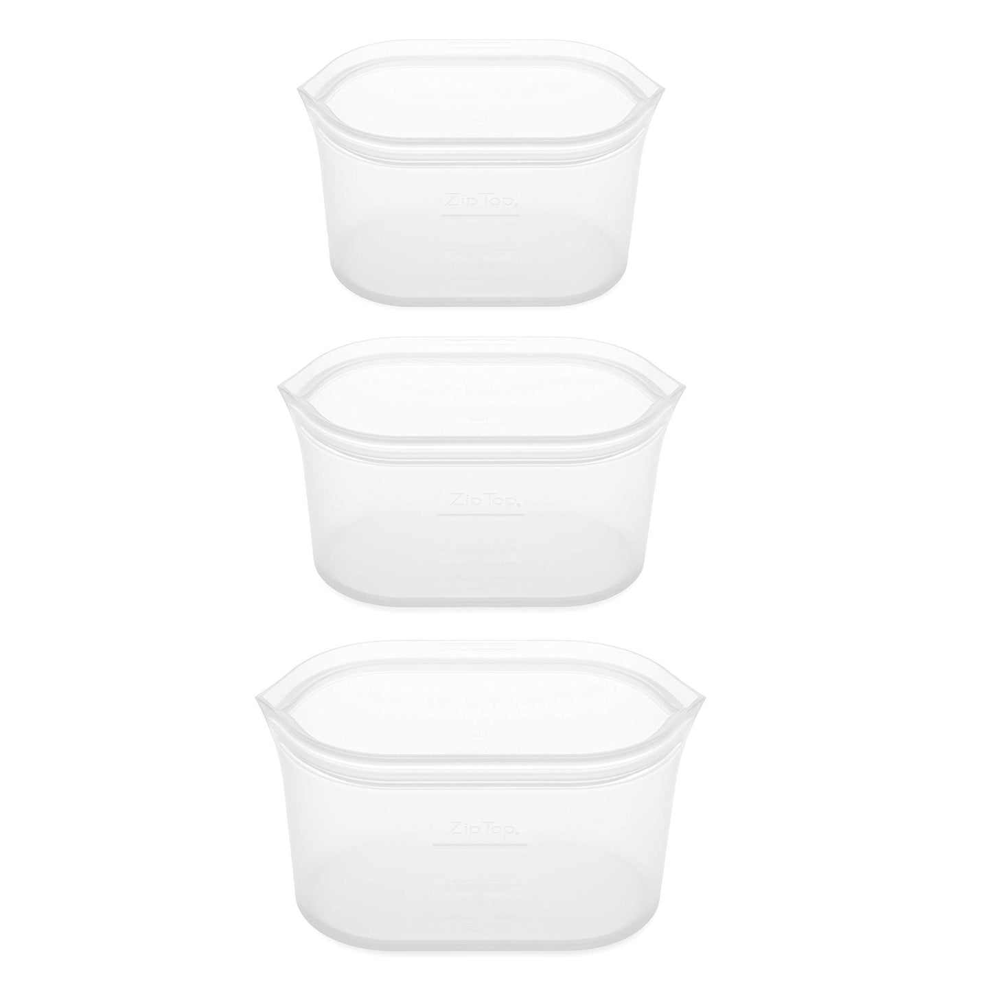 Zip Top Reusable Food Storage Bags | 3 Dish Set [Frost] | Silicone Meal Prep Container | Microwave, Dishwasher and Freezer Safe | Made in the USA