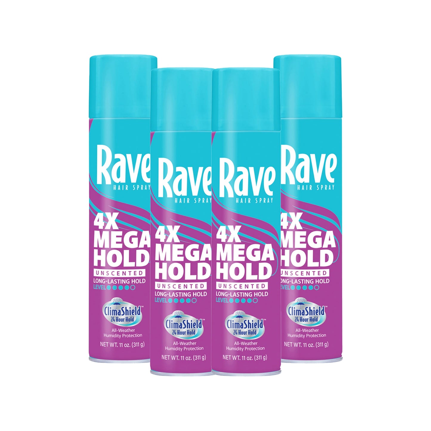 Rave 4X Mega Unscented Aerosol Hairspray - Hair Spray for High Humidity Weather - 24-Hour Lasting Hold - Vitamin-Enhanced Hair Volume Spray - 4 pc