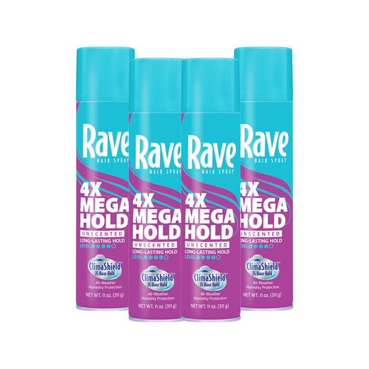 Rave 4X Mega Unscented Aerosol Hairspray - Hair Spray for High Humidity Weather - 24-Hour Lasting Hold - Vitamin-Enhanced Hair Volume Spray - 4 pc
