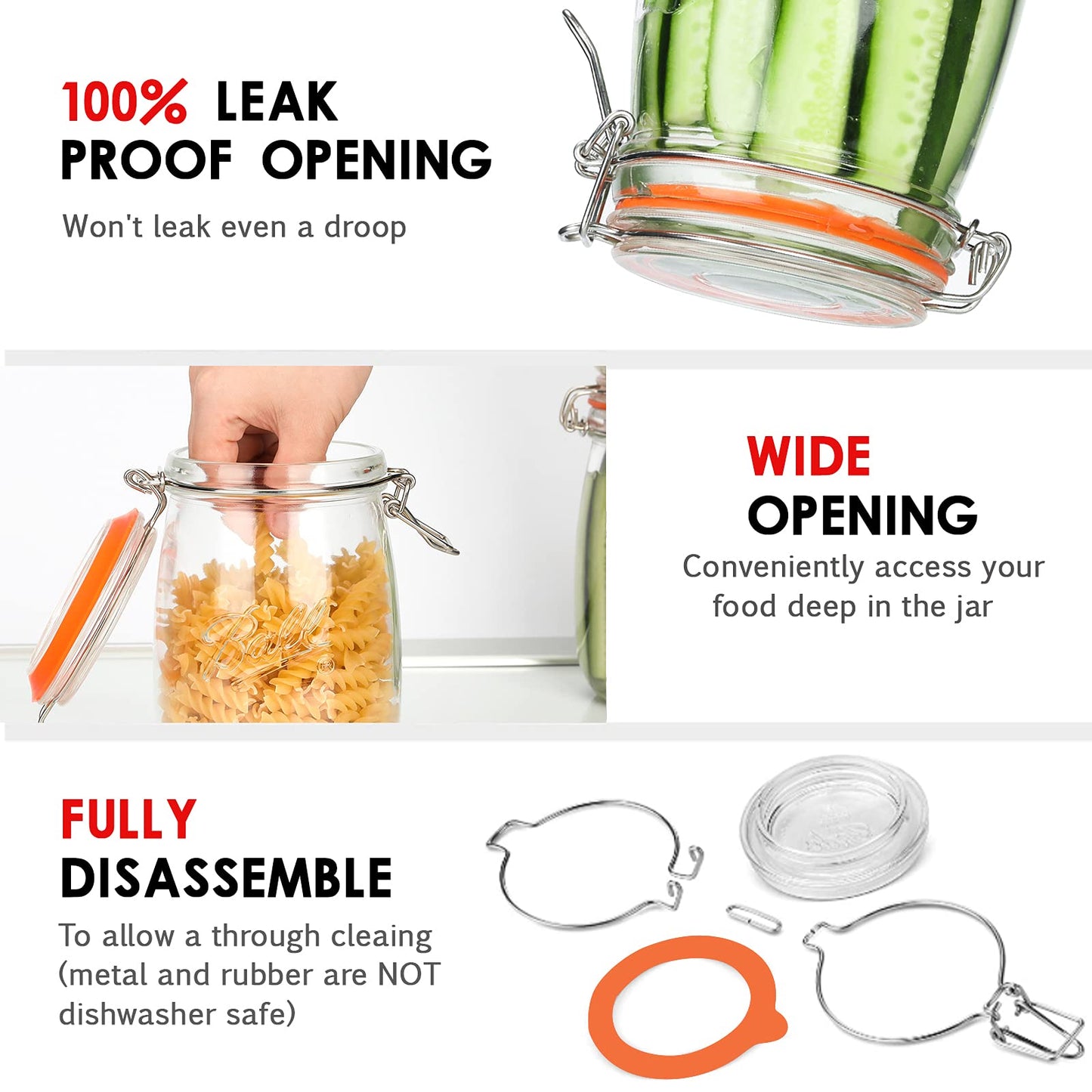 Anwoi Wide Mouth Glass Jars with Airtight Lid 32OZ 4 Pack, Kitchen Storage Large Clear Canister Jars with Hinged Lid with Measurement Marks…