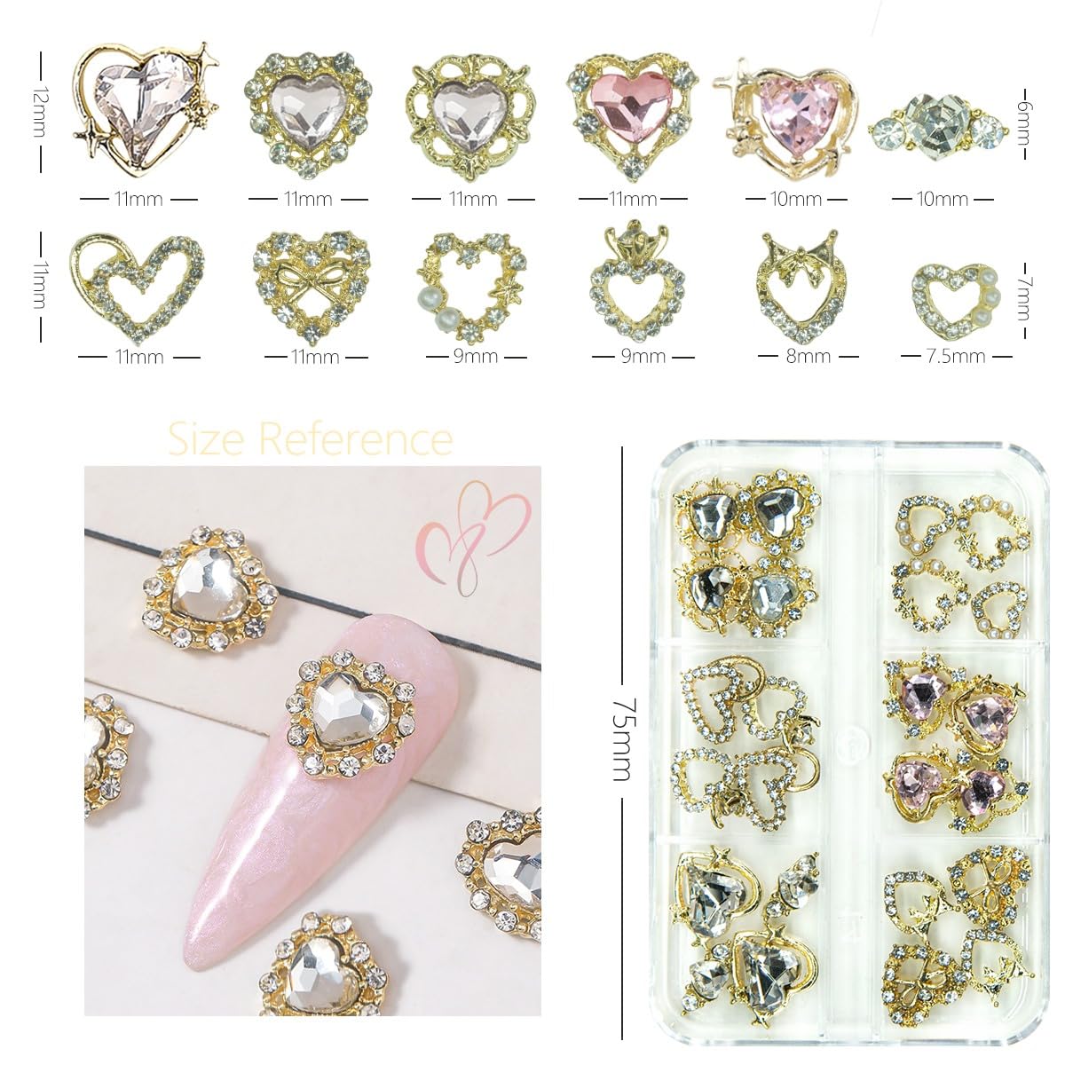 24pcs Heart Nail Charms Luxury Alloy Charms for Nails, qiipii 12 Pair 3D Gold Nail Art Rhinestones Nail Gems Golden Nail Crystal Diamonds Jewelry Beauty & Personal Care qiipii