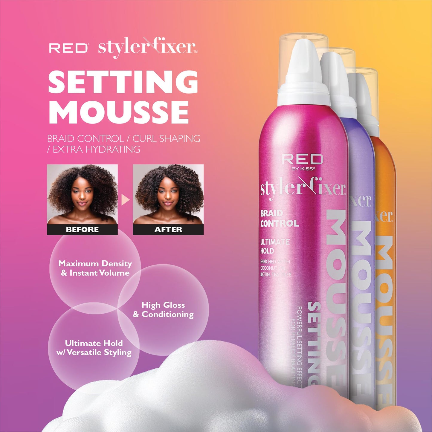 Red by Kiss Setting Mousse Braid Frizz Control, Curl Definition, Shine, Maximize Volume, Ultimate Hold, Long Lasting, Non Sticky Creamy Foam Style