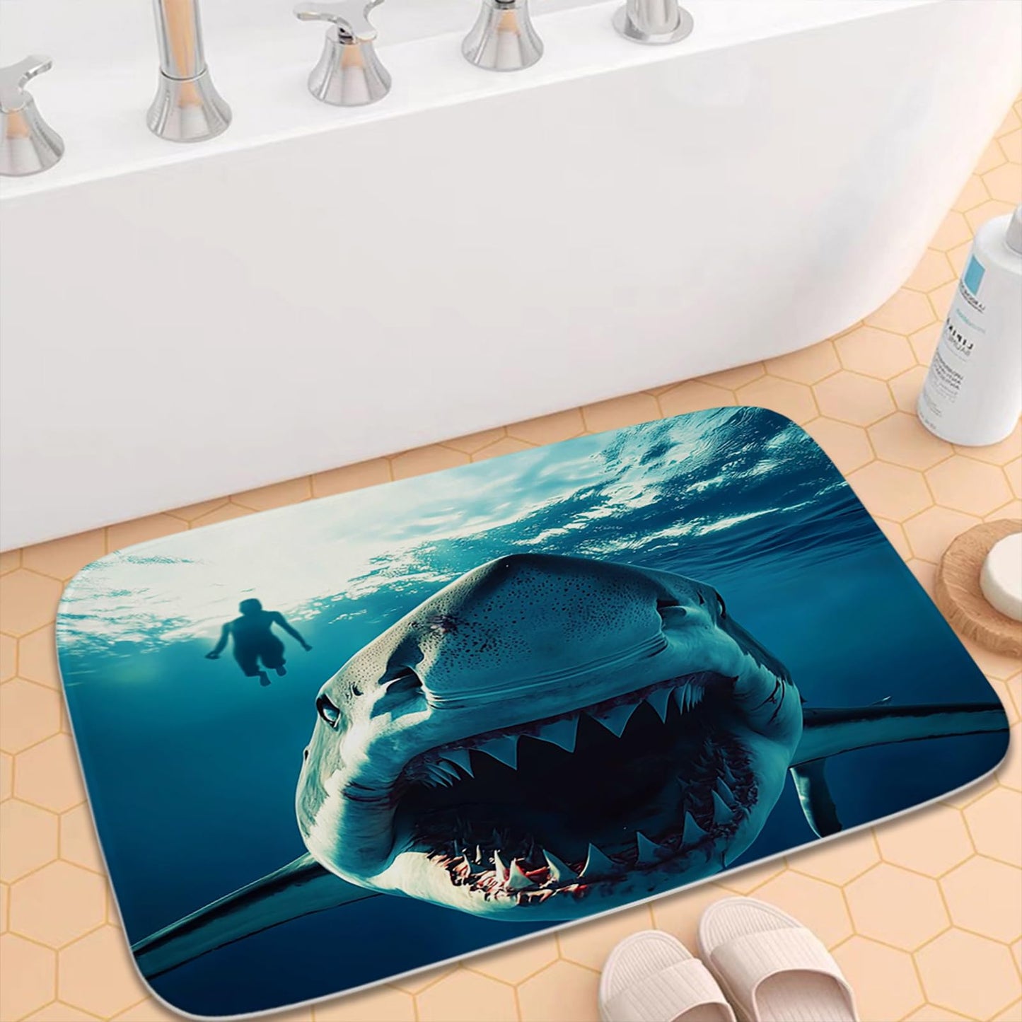 Funny Shark Beach Underwater Nautical Bathroom Bathtubs Coral Velvet Bath Rugs Non Slip Ocean Sea Shower Mat Door Rug Decor Sets Flannel Absorbent…