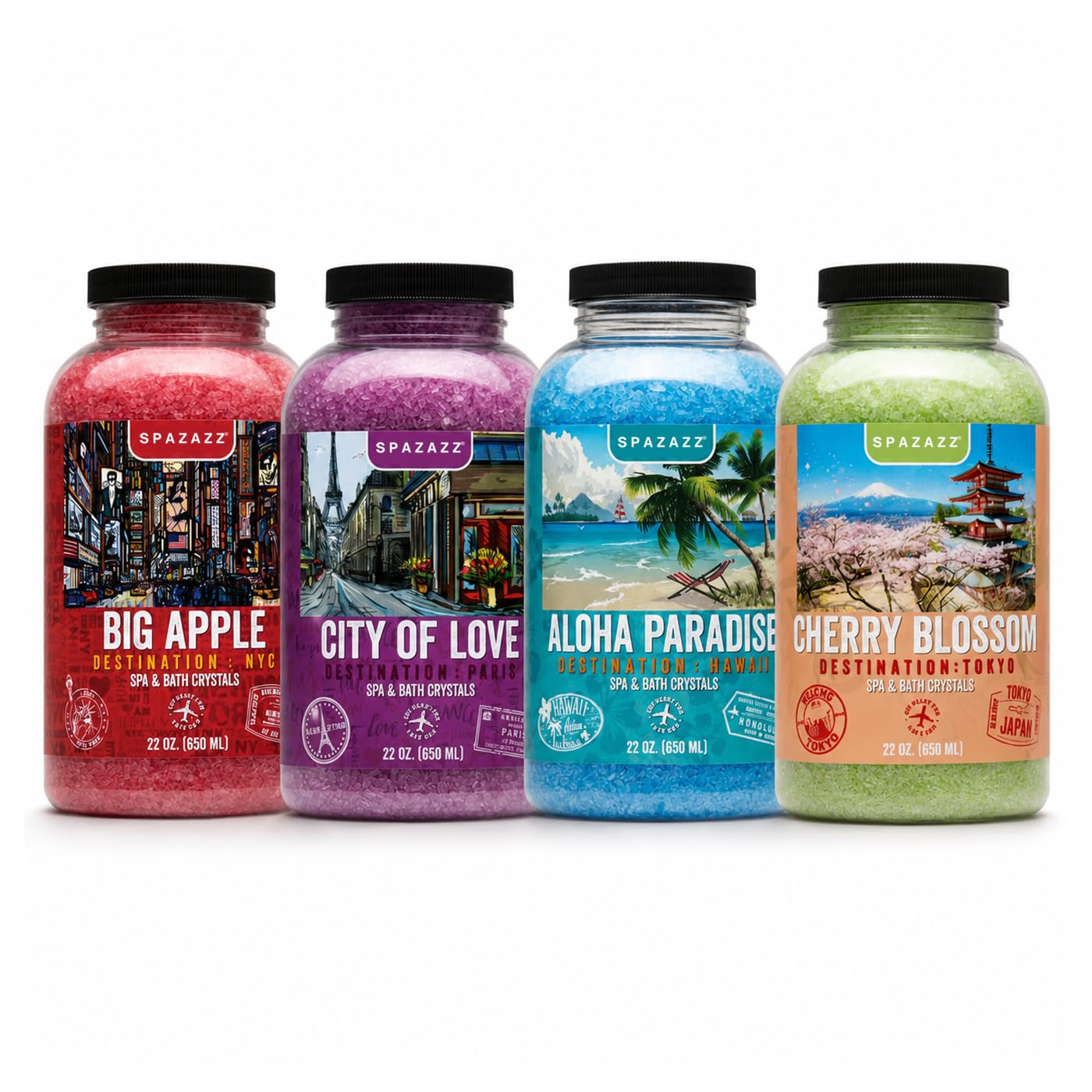 Hot Tub & Spa Aromatherapy Bath Salt Crystal Scents Spazazz Destinations Collection Bundle Aloha Paradise, Big Apple, City of Love, Cherry Blossom Beauty and Personal Care Spazazz
