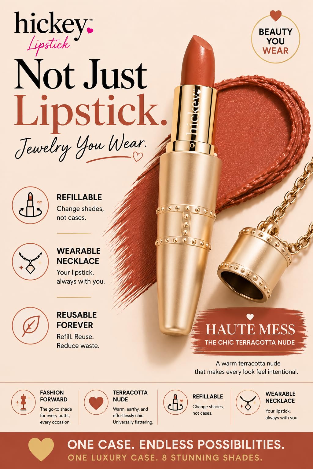 Hickey Refillable Pendant Lipstick, Haute Mess[Terracotta] - Wearable Satin Lip Color on a Chain, Refillable Clean Beauty, Full Lipstick Included