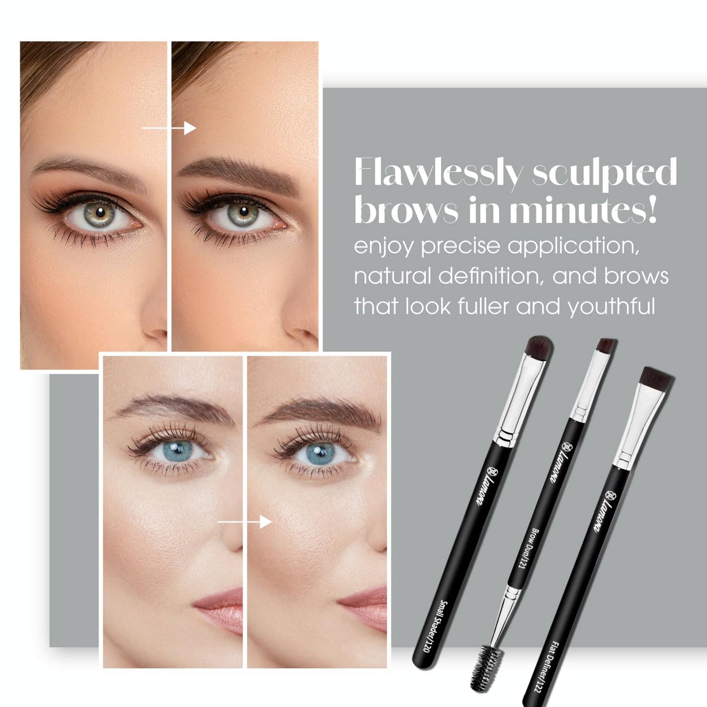 Eyebrow Brush - Duo Eye Brow Spoolie - Angled Eyeshadow Eyeliner - Precision Flat Definer - Small Shader - 3 Piece Makeup Brush Set - Cruelty Free