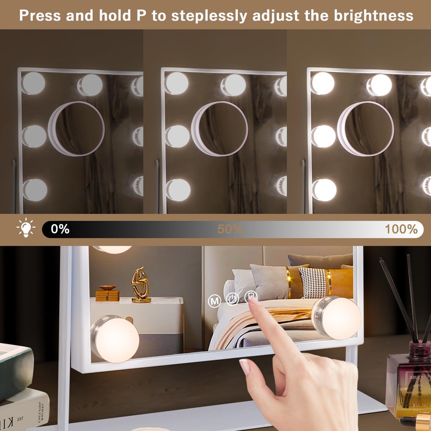 Hansong Vanity Mirror with Lights Lighted Makeup Mirror with 9 LED Bulbs Plug in Light Up Makeup Mirror with Lights 360 Rotation with 10x Magnifying